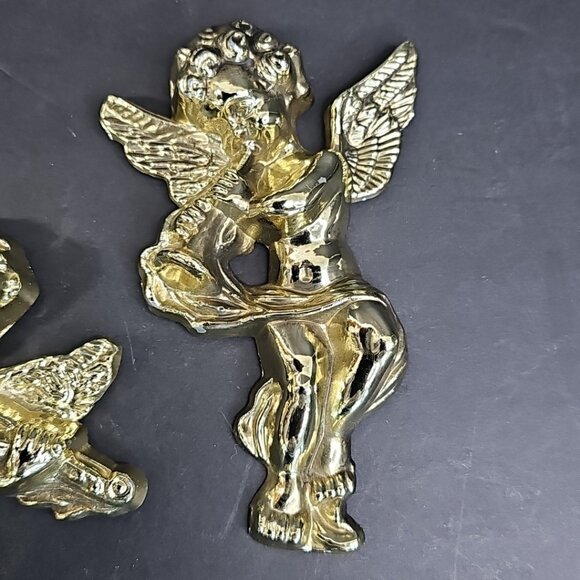 Vintage Cherubs Wall Decor Metal Angels Music Instrument Figures Golden Lot Of 2 - Picture 10 of 14